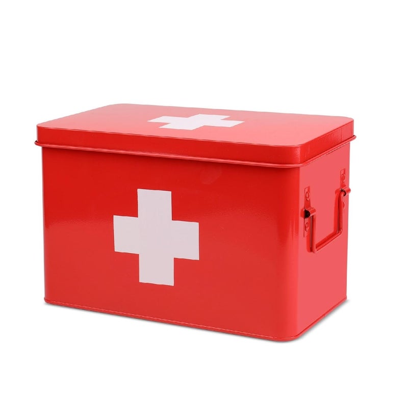 Flexzion First Aid Box Organizer Empty 13" Red Vintage First Aid Kit Tin Metal Medical Box - First Aid Storage Box Container Bins with Dividers, Removable Tray and White Cross Logo - Image 1